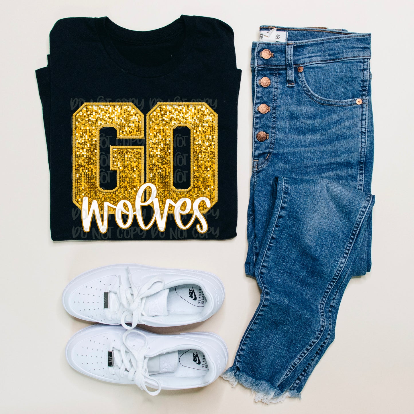 Go Wolves Gold Sequined Faux Embroidery DTF Transfer