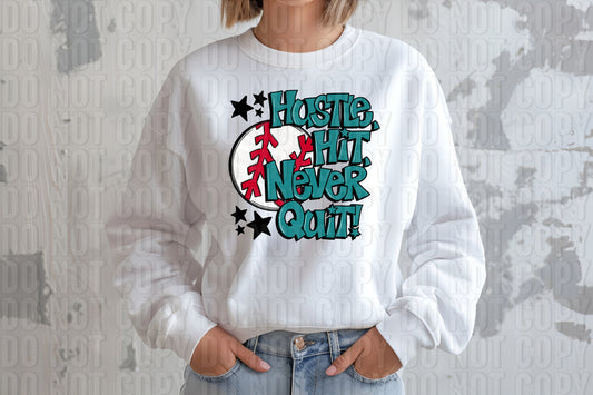 Hustle Hit Baseball Teal DTF Transfer