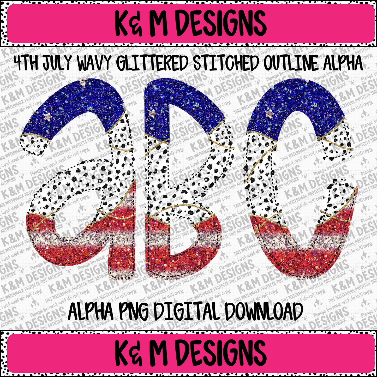 4th July Wavy Glittered Stitched Outline Alpha PNG Set Digital Download