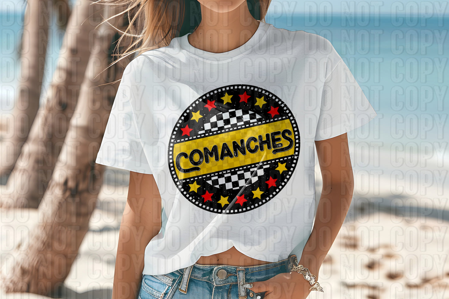 Comanches Yellow Gold Checkers And Stars Mascot DTF Transfer