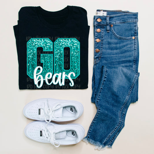 Go Bears Teal Sequined Faux Embroidery DTF Transfer