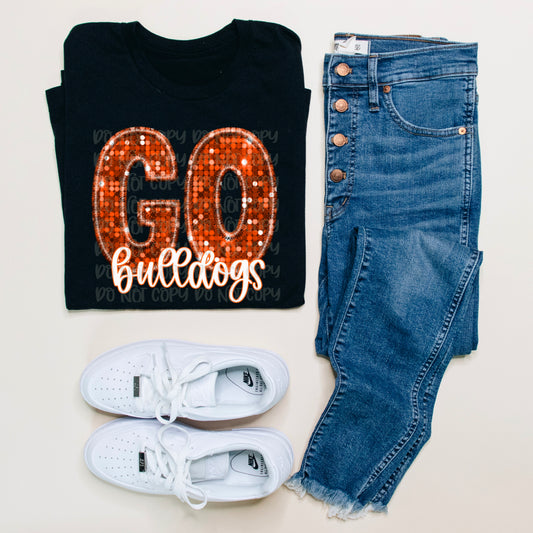 Go Bulldogs Orange Sequined Faux Embroidery DTF Transfer