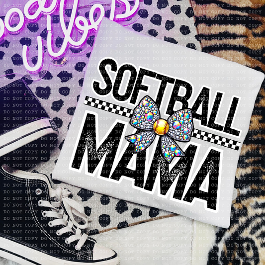 Softball Mama Rhinestone Bow DTF Transfer