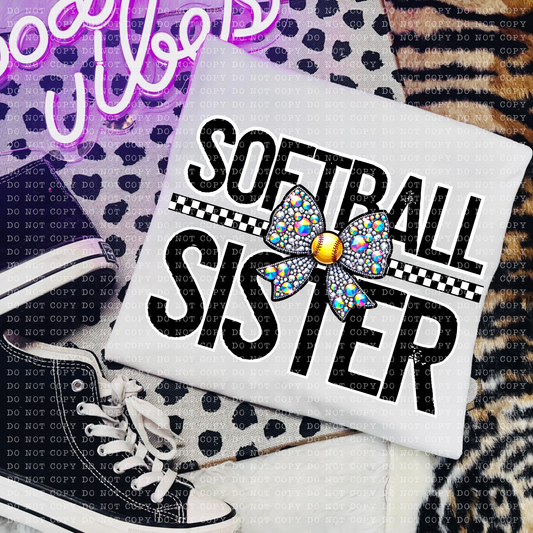 Softball Sister Rhinestone Bow DTF Transfer