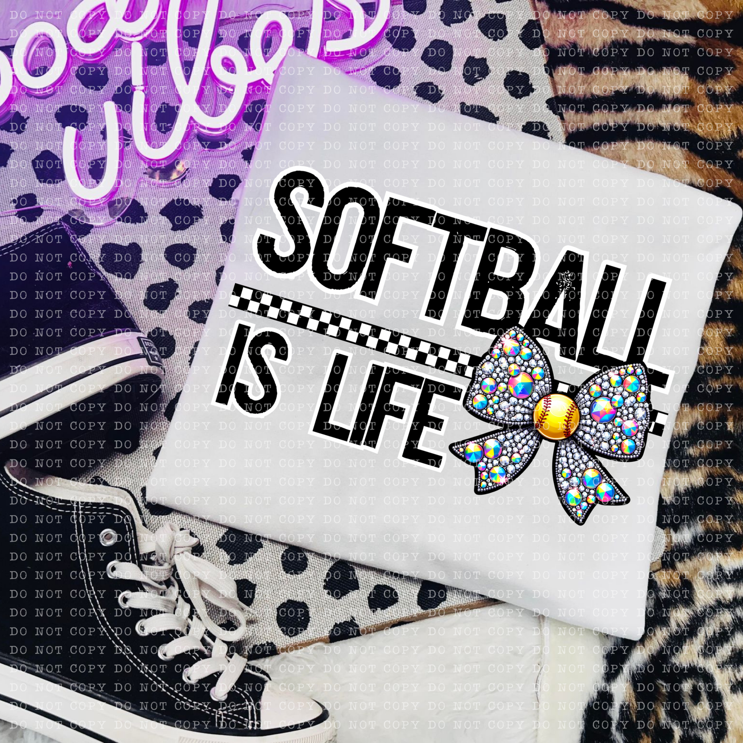 Softball Is Life Rhinestone Bow DTF Transfer