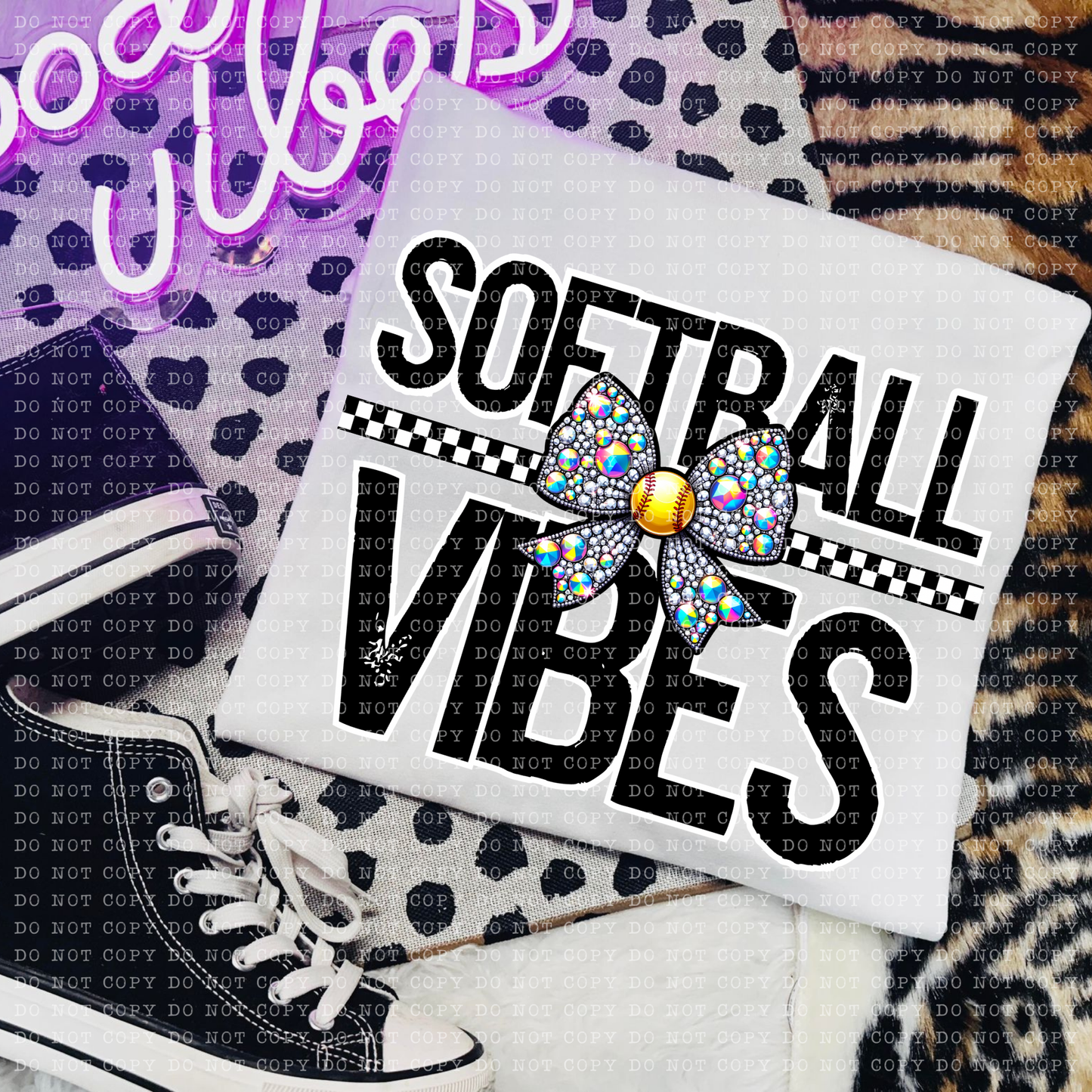 Softball Vibes Rhinestone Bow DTF Transfer