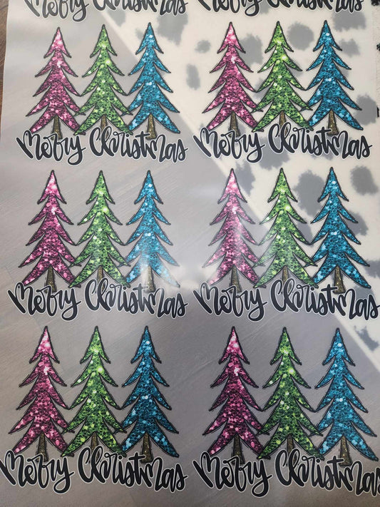 Merry Christmas Trees Glitter Faux DTF Gang Sheet RTS (10 adult transfers)