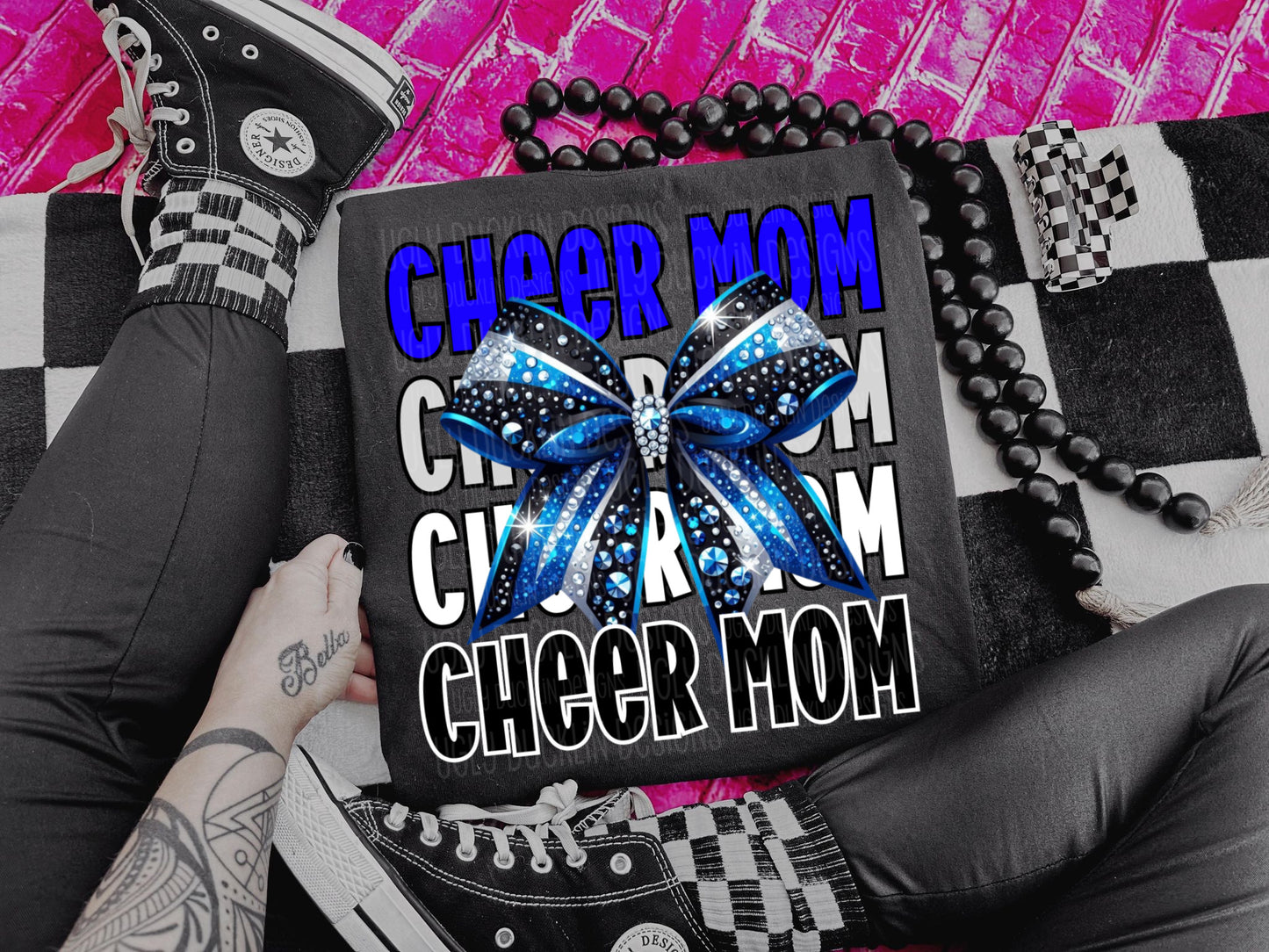 Cheer Mom White Black Blue Bow DTF Transfer