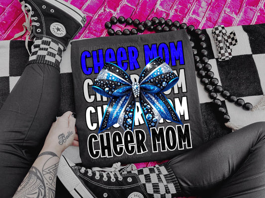 Cheer Mom White Black Blue Bow DTF Transfer