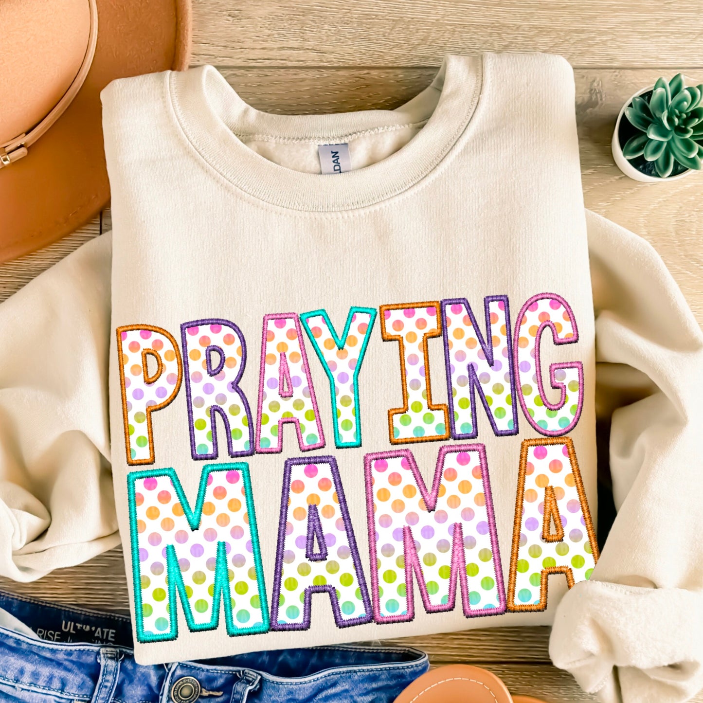 Praying Mama Polka Dotted Faux Embroidery DTF Transfer