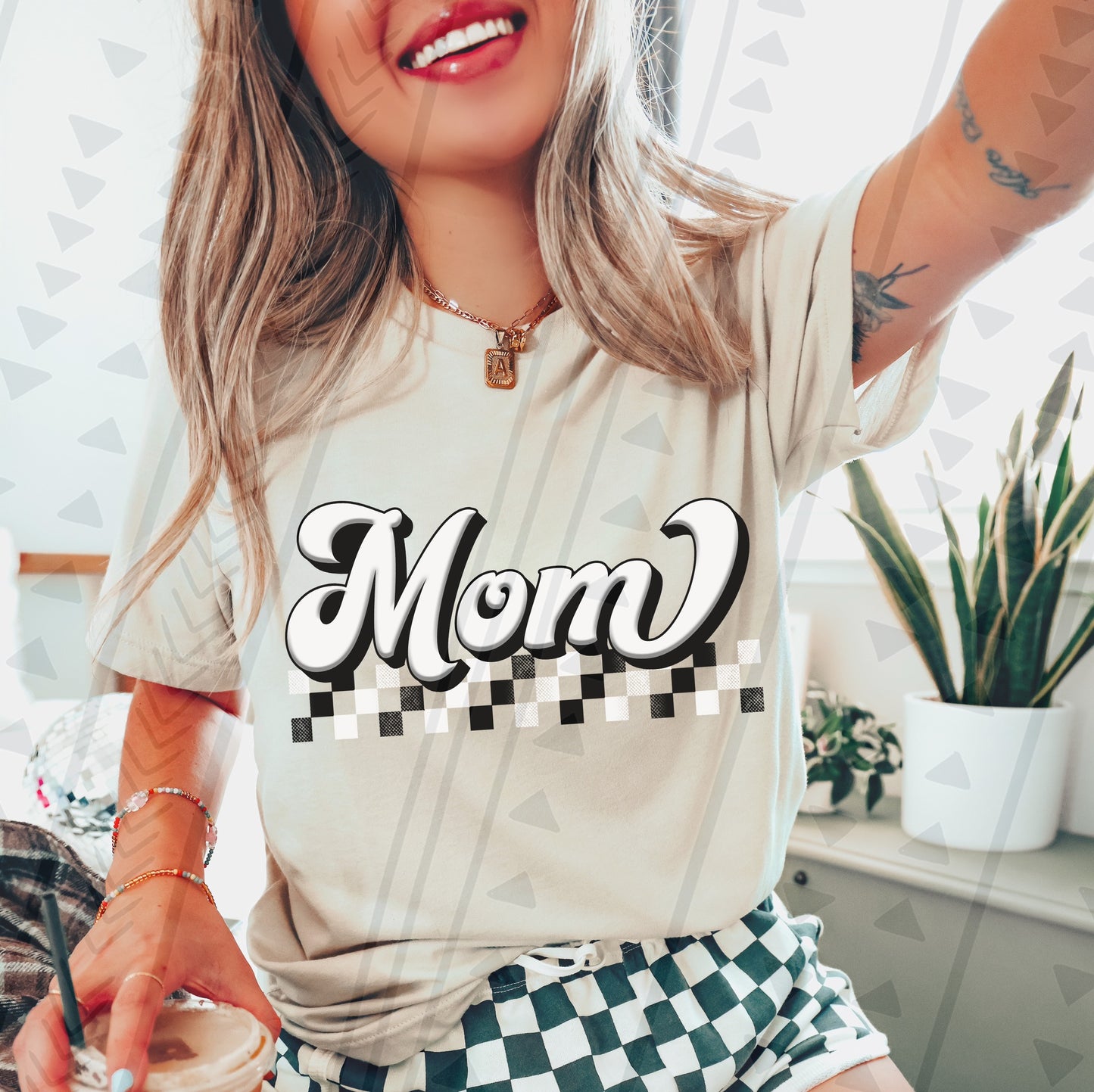 Mom Black White Checkered DTF Transfer