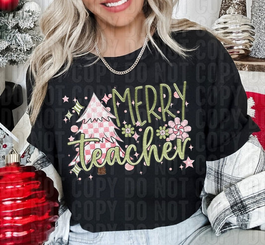 Merry Teacher Pink/Green Name DTF Transfer