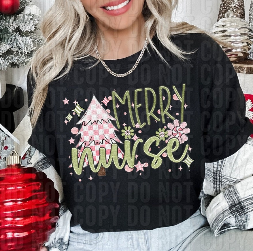 Merry Nurse Pink/Green Name DTF Transfer