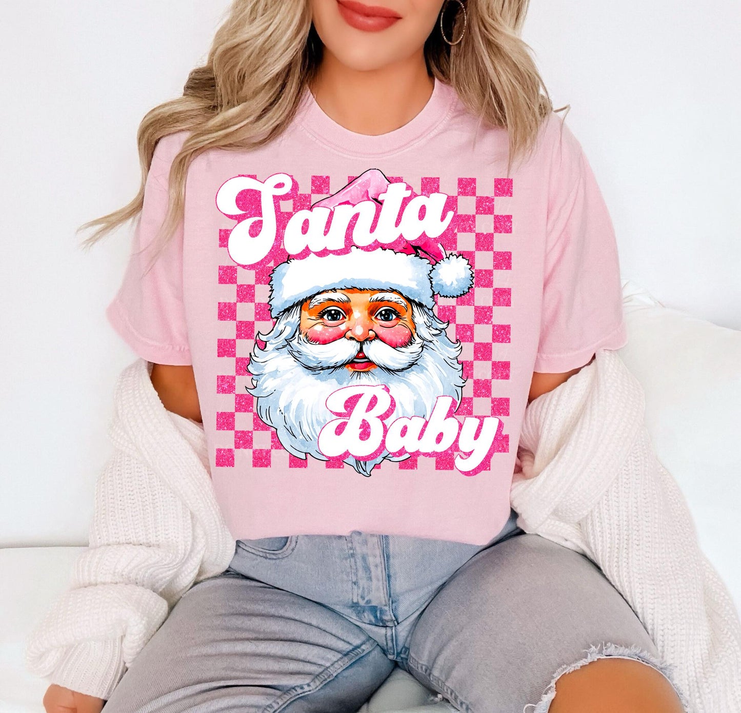 Santa Baby Pink Checkered Retro DTF Transfer