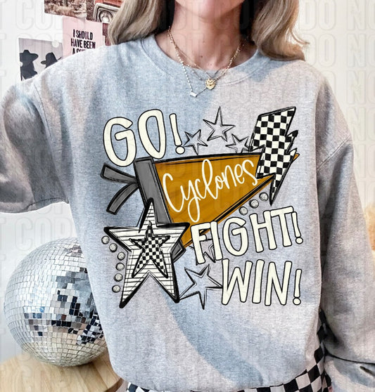 Go Fight Win Cyclones Gold DTF Transfer