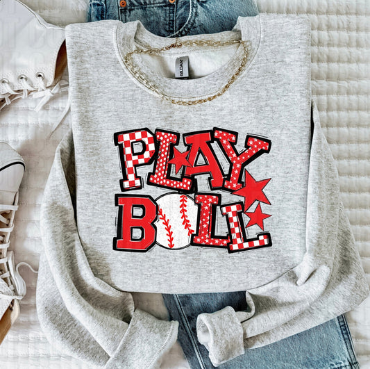 Play Ball Red Baseball DTF Transfer