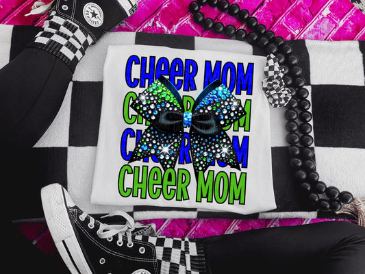 Cheer Mom Royal Blue Green Bow DTF Transfer