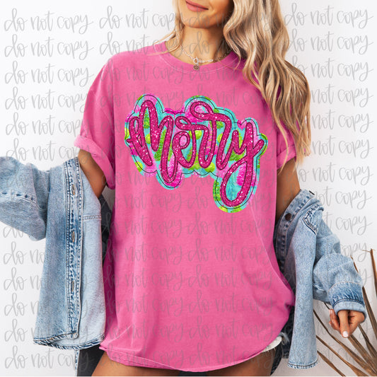 Merry Pink & Green Applique Faux DTF Transfer