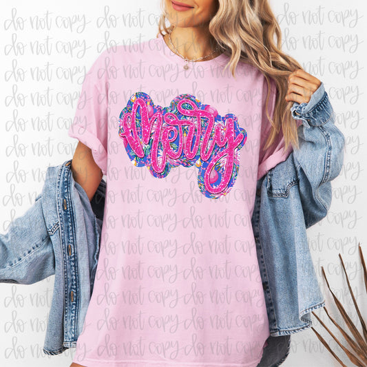 Merry Pink & Blue Applique Faux DTF Transfer