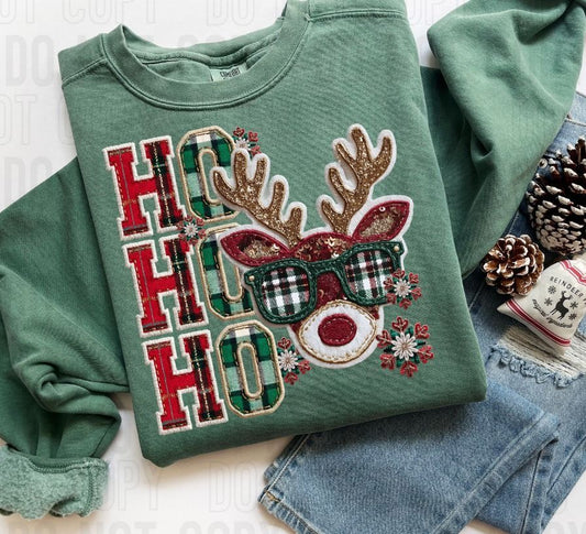 Ho Ho Ho Plaid Reindeer Sequined Embroidered Faux DTF Transfer