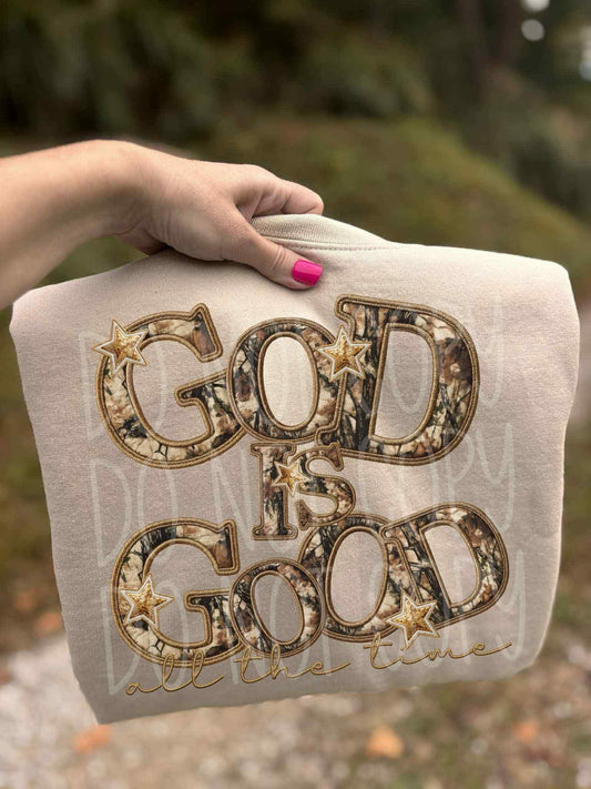 God Is Good All The Time Camo Embroidery Faux DTF Transfer