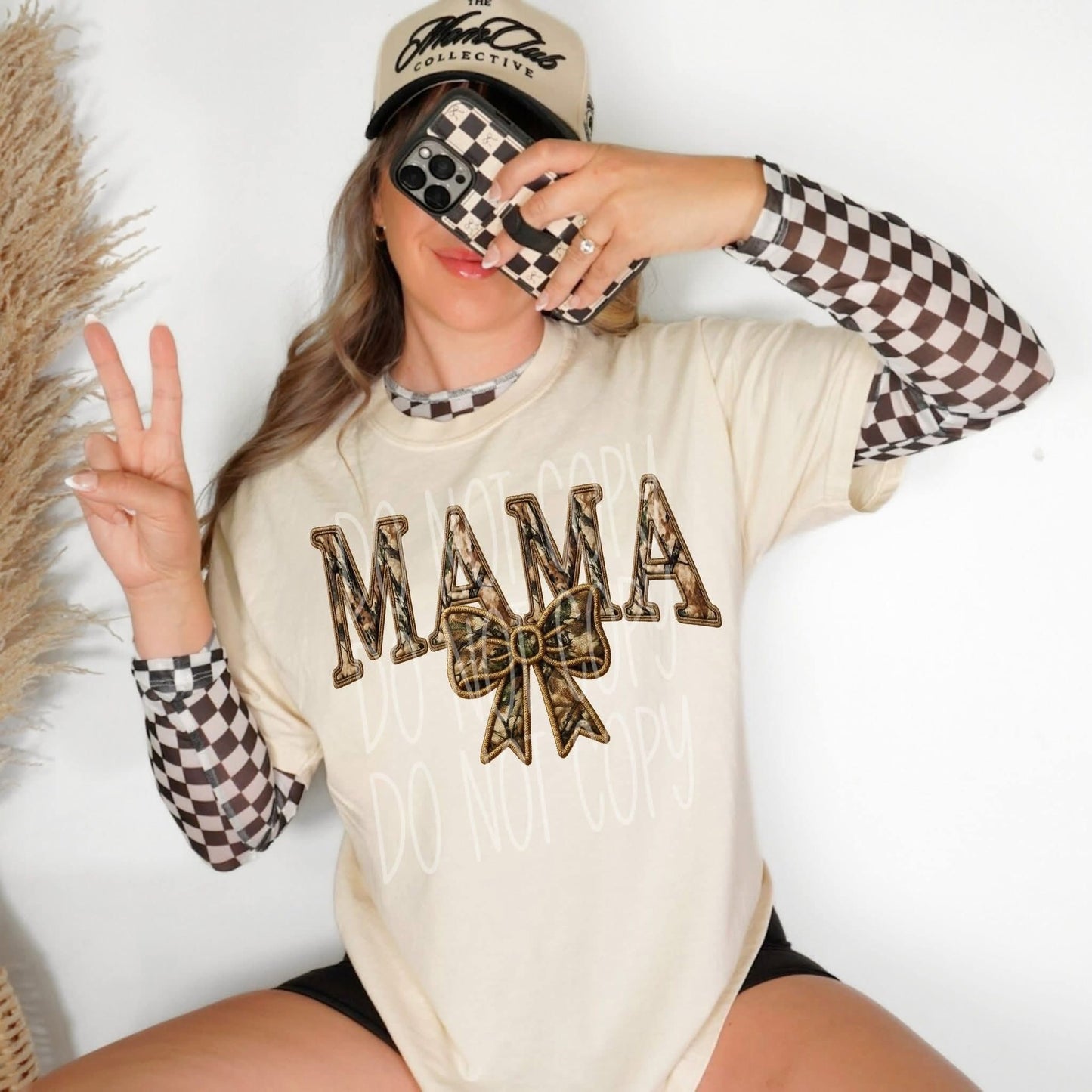 Mama Coquette Bow Camo Embroidery Faux DTF Transfer