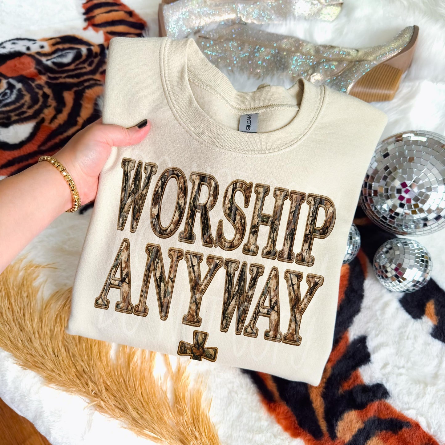 Worship Anyway Camo Embroidery Faux DTF Transfer