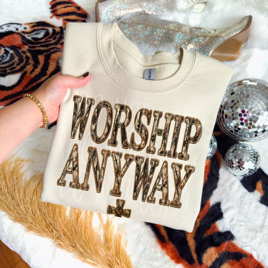 Worship Anyway Camo Embroidery Faux DTF Transfer