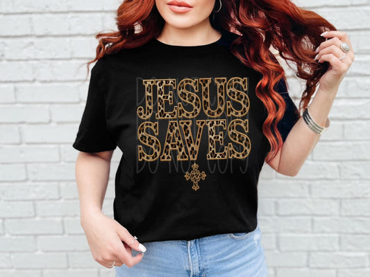 Jesus Saves Cheetah Embroidery Faux DTF Transfer