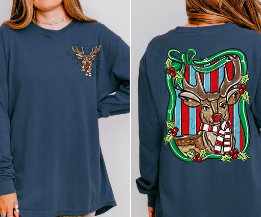 Reindeer on Striped Background Front/Back DTF Transfer