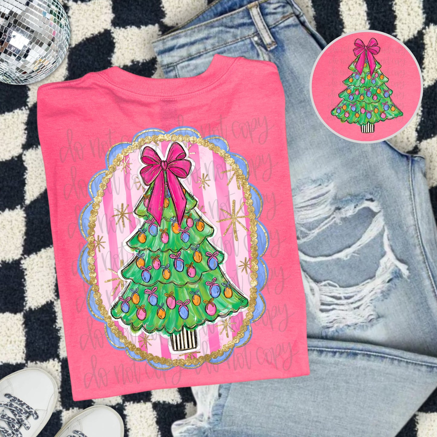 Christmas Coquette Tree With Striped Background Front/Back DTF Transfer