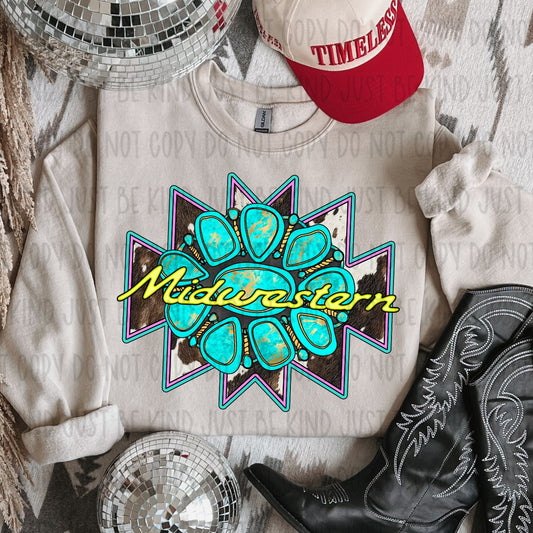 Midwestern Turquoise & Cowhide Print DTF Transfer