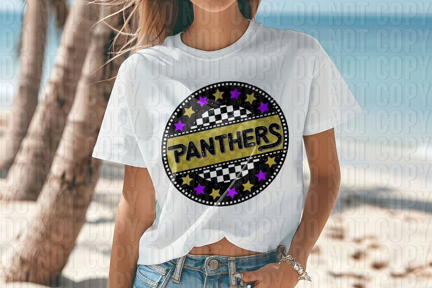 Panthers Vegas Gold Purple Checkers And Stars Mascot DTF Transfer