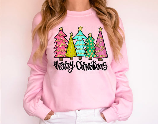 Merry Christmas Trees W/ Gold Sparkles DTF Transfer