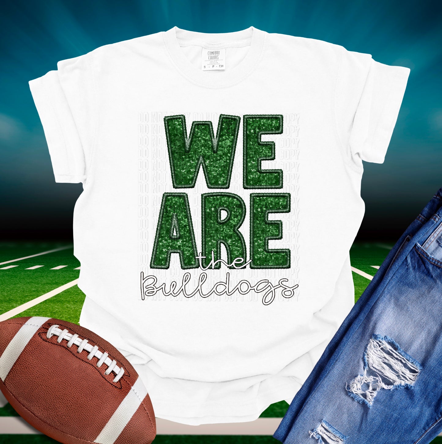 We Are The Bulldogs Green Sequined Faux Embroidery DTF Transfer