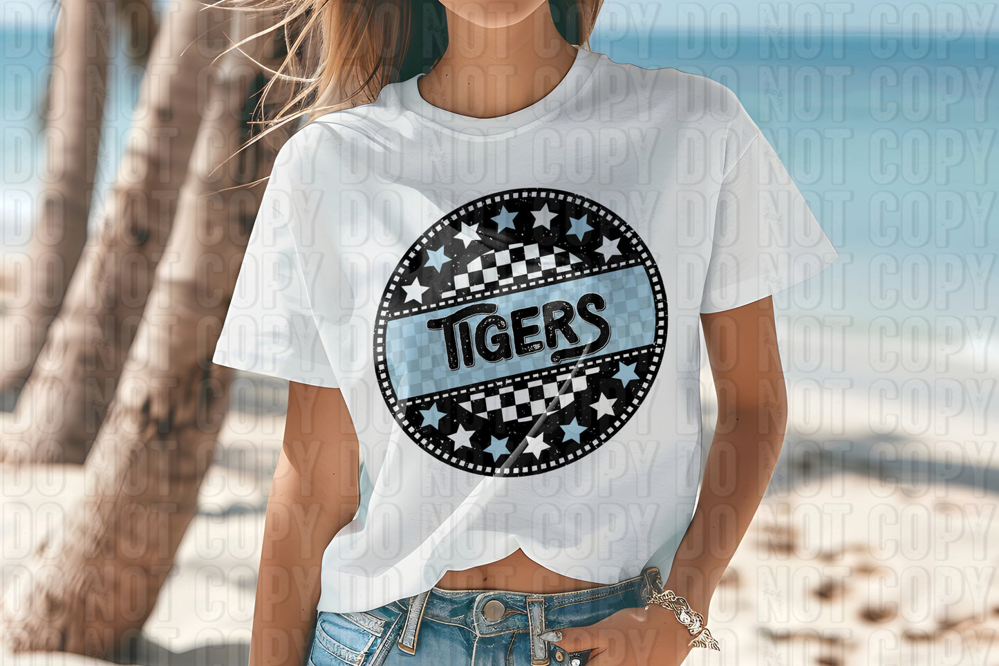 Tigers Columbia Blue White Checkers And Stars Mascot DTF Transfer