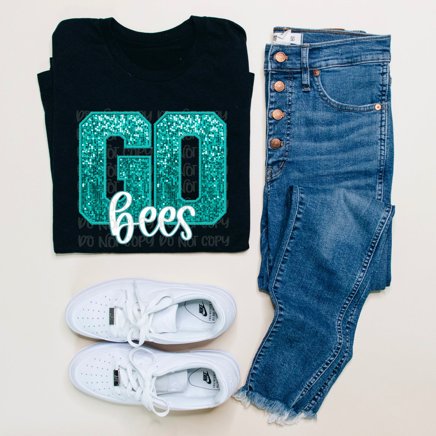 Go Bees Teal Sequined Faux Embroidery DTF Transfer