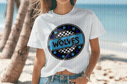 Wolves Teal Blue Checkers And Stars Mascot DTF Transfer