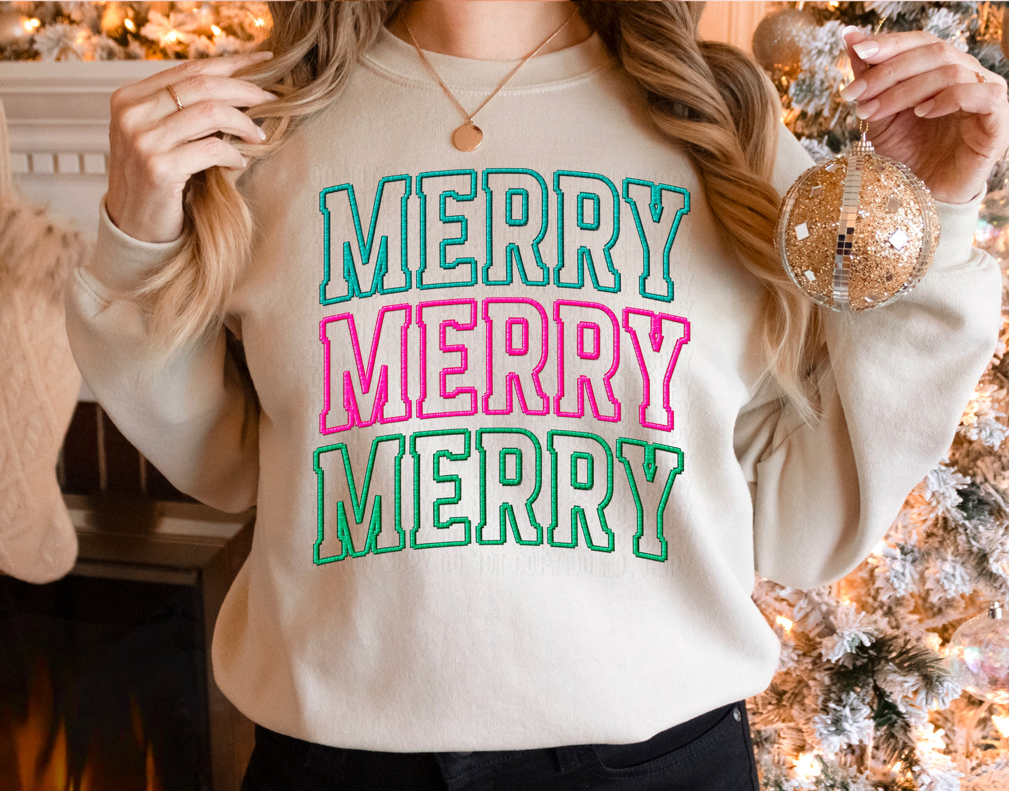 Merry Stacked Embroidery Faux DTF Transfer