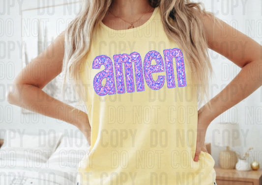 Amen Purple Sequin Embroidery Faux DTF Transfer