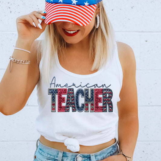 American Teacher Faux Embroidery DTF Transfer