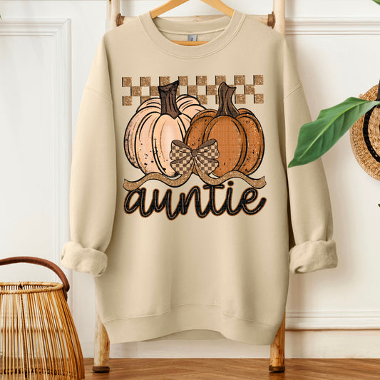 Auntie Fall Checkered Glitter Pumpkin DTF Transfer