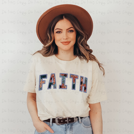 Faith Blue Floral Faux Embroidery DTF Transfer