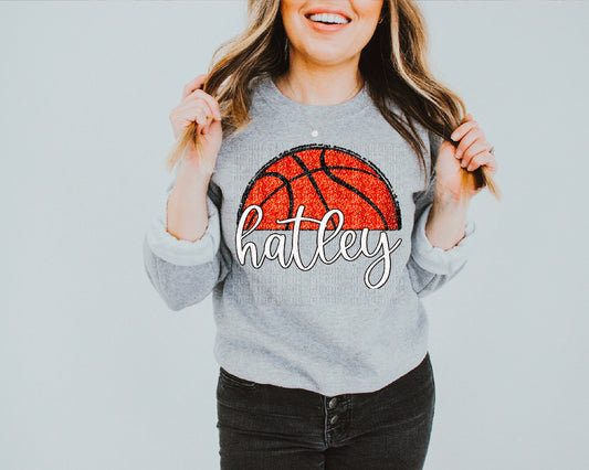 Hatley White Half Basketball Sequined Faux DTF Transfer