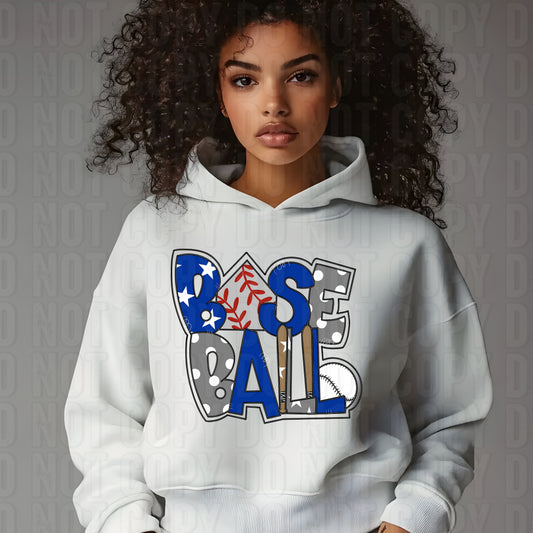 Baseball Word Art Royal Blue Gray DTF Transfer