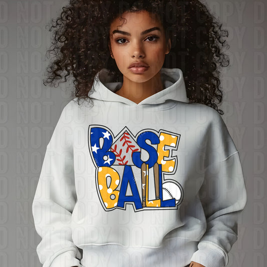Baseball Word Art Royal Blue Yellow DTF Transfer
