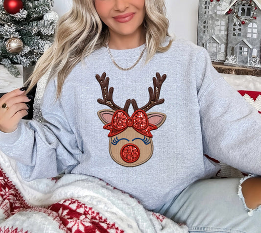 Girl Reindeer Embroidery Faux DTF Transfer