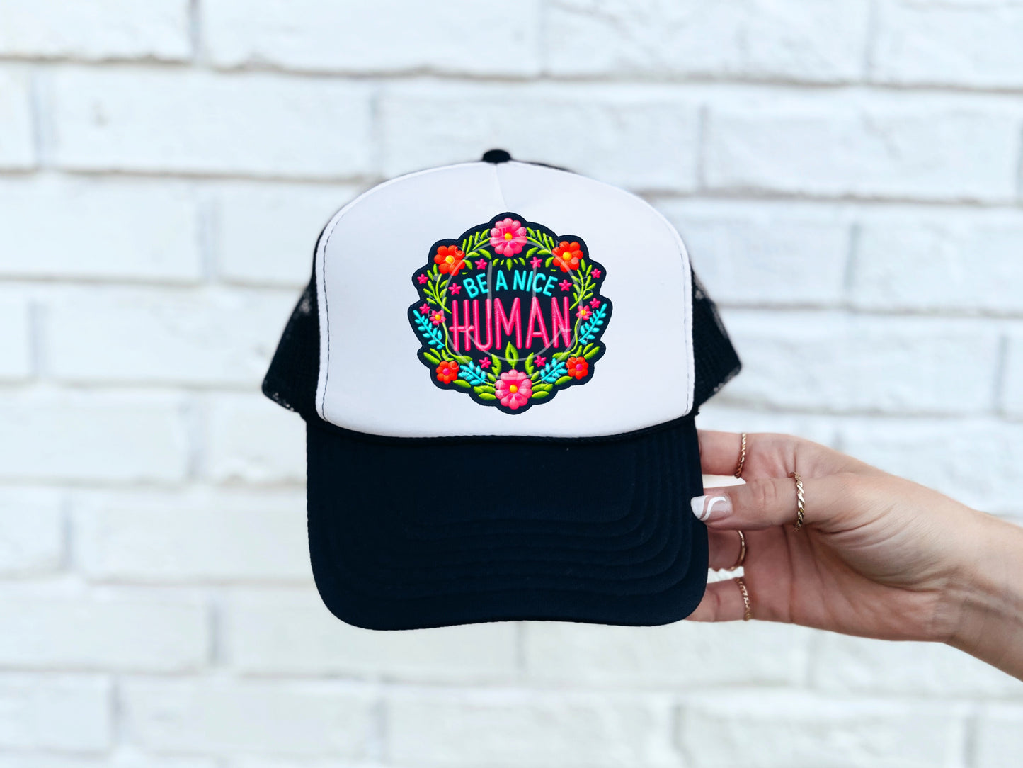 Be A Nice Human Floral Hat Patch DTF Transfer