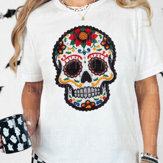 Black Floral Skull Yarn Faux DTF Transfer