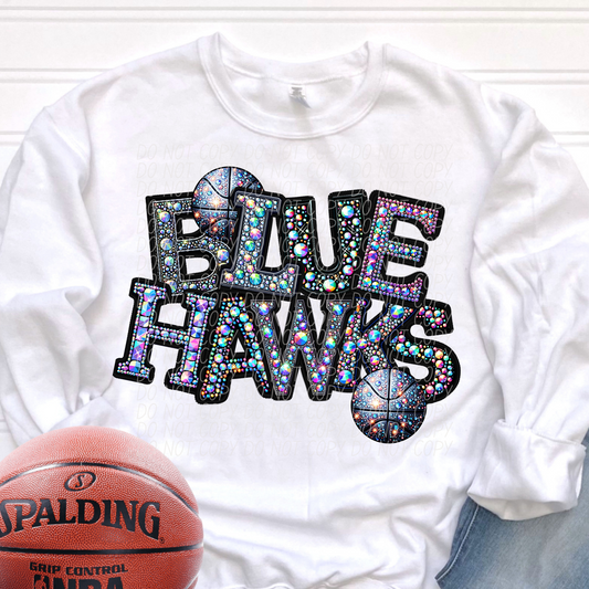 Blue Hawks Rhinestone Basketball Mascot DTF Transfer